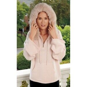 SCHWEITZER LINEN Emmeline Cashmere Hoodie L/XL Blush Pink Removeable Fur Trim